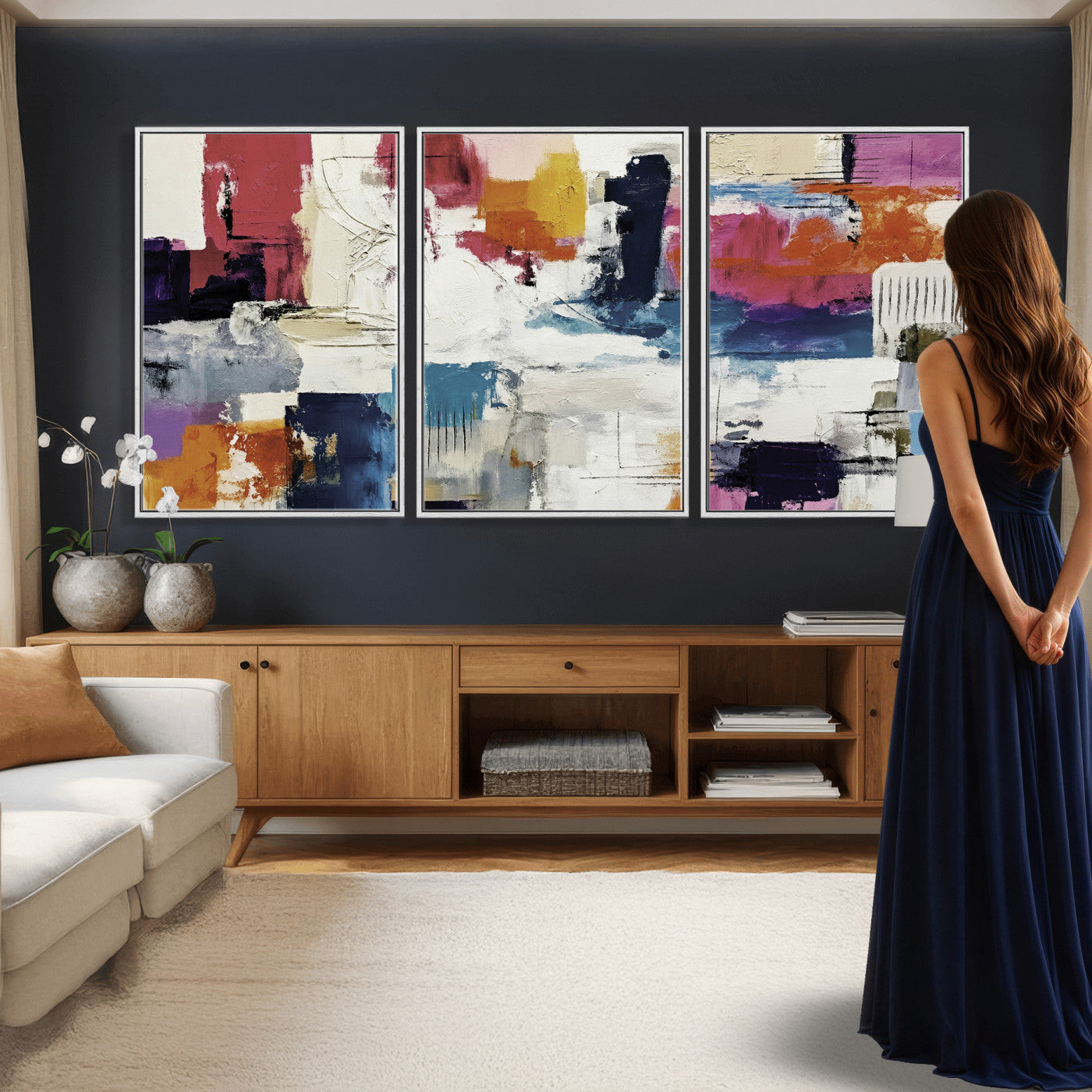 57864023-MGV-CV-36X24 - Blue Teal Abstract Canvas Wall Art, Modern Textured Painting Print, Navy Orange White Contemporary Art, Neutral Living Room Decor, Office Art