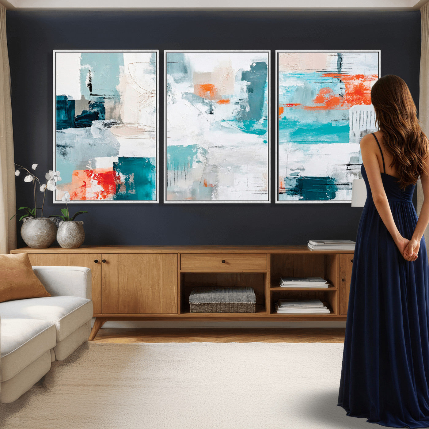 98638479-MGV-CV-36X24 - Blue Teal Abstract Canvas Wall Art | Modern Textured Painting Print, Navy Orange White Contemporary Art, Neutral Living Room Decor, Office Art
