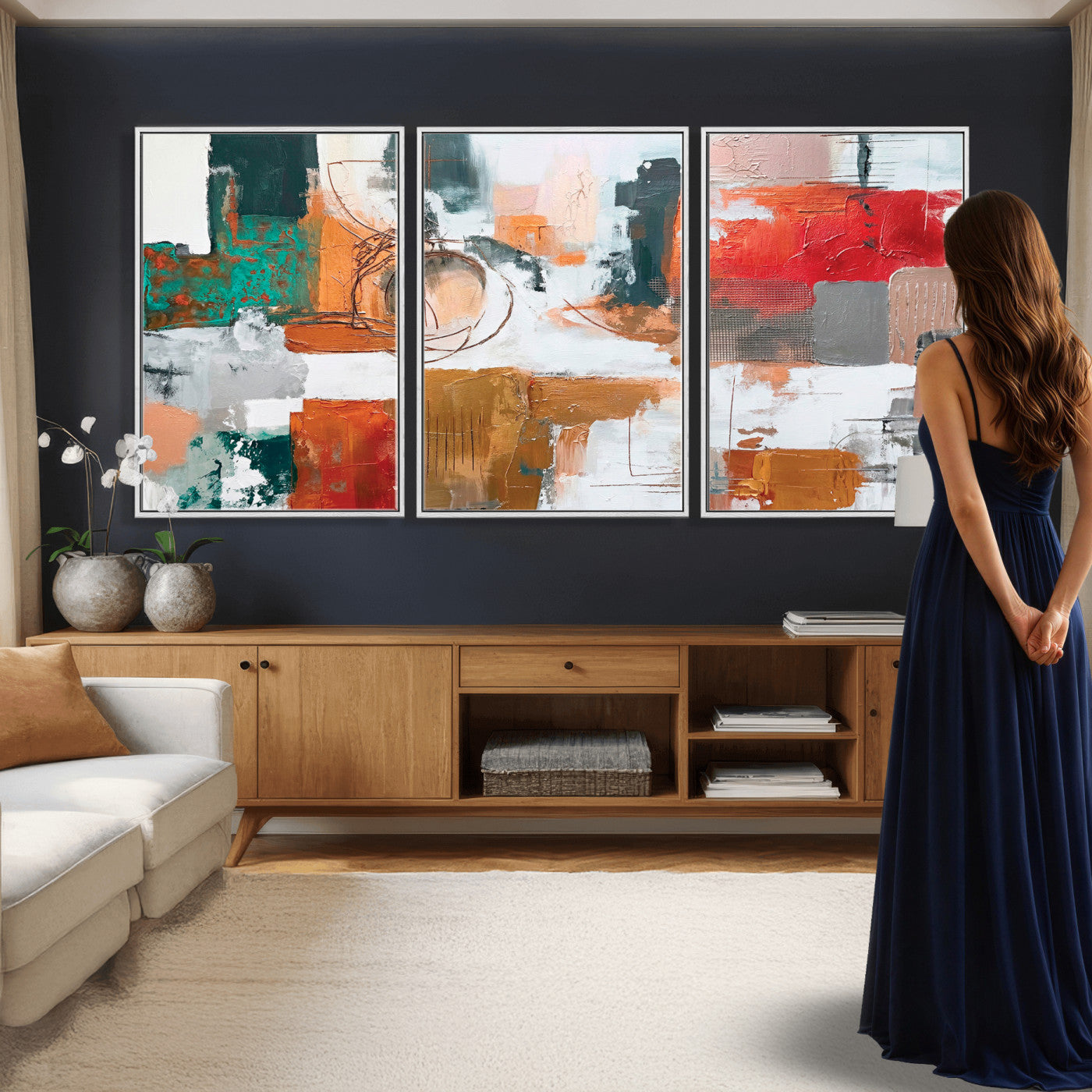 50720312-MGV-CV-36X24 - Blue Teal Abstract Canvas Wall Art | Modern Textured Painting Print, Navy Orange White Contemporary Art, Neutral Living Room Decor, Office Art.
