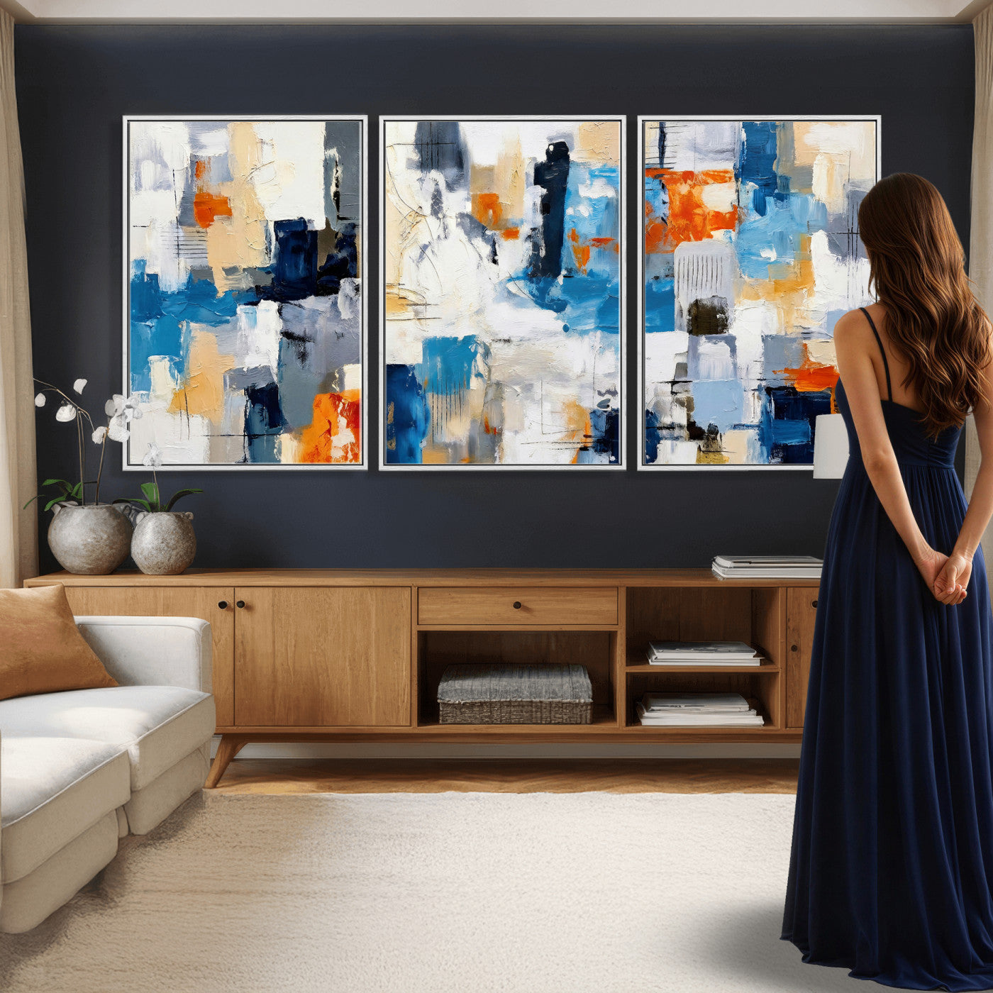 83915061-MGV-CV-36X24 - Blue Teal Abstract Canvas Wall Art, Modern Textured Painting Print, Navy Orange White Contemporary Art, Neutral Living Room Decor, Office Art