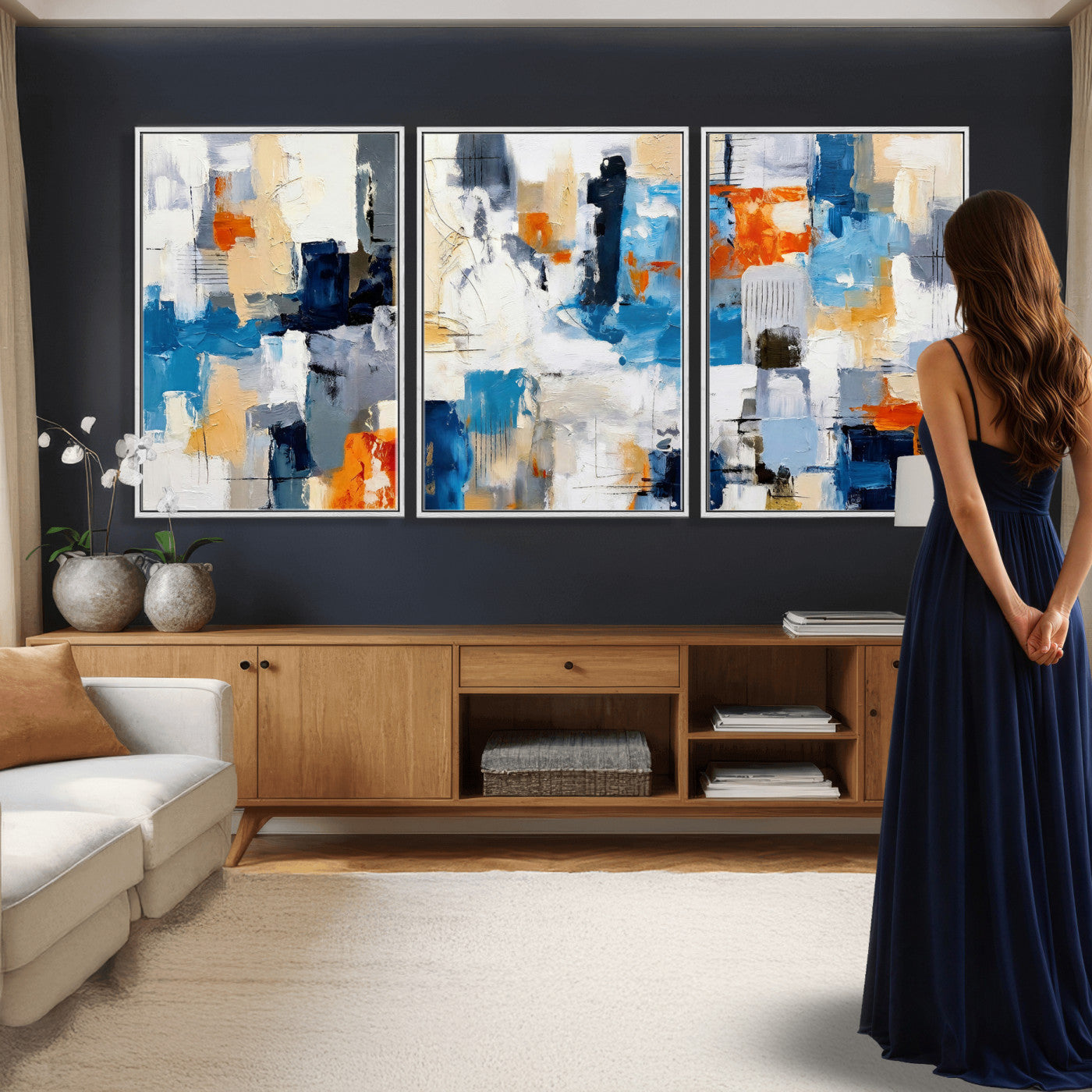 83915061-MGV-CV-36X24 - Blue Teal Abstract Canvas Wall Art, Modern Textured Painting Print, Navy Orange White Contemporary Art, Neutral Living Room Decor, Office Art