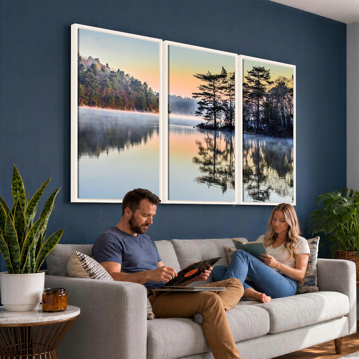 34236027-MGV-CV-36X24 - Before People Wake Canvas Wall Art Print, Misty Lake Sunrise Landscape, Forest Reflection Nature Decor, Ready to Hang