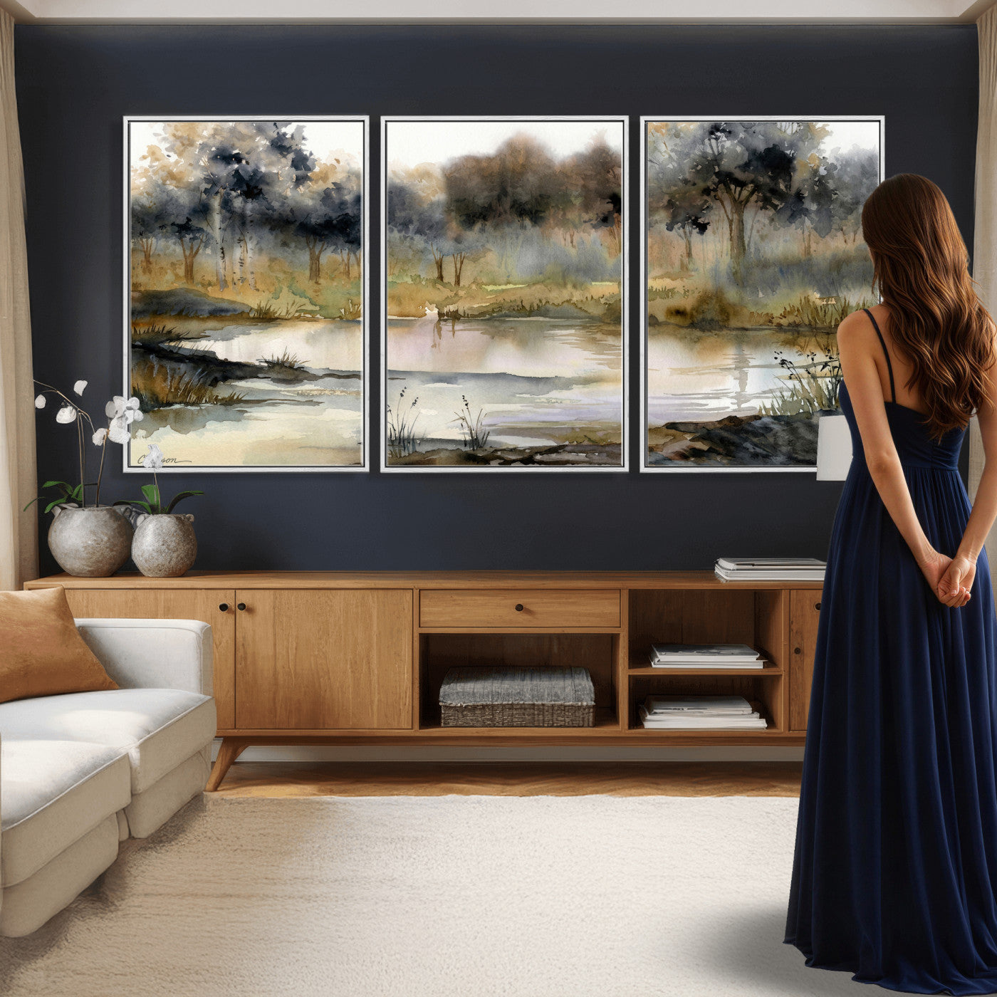 27383609-MGV-CV-36X24 - Abstract WatercolorAutumn Lake Canvas Wall Art Print, Misty Forest Landscape, Rustic Nature Painting, Cabin Wall Decor, Ready to Hang