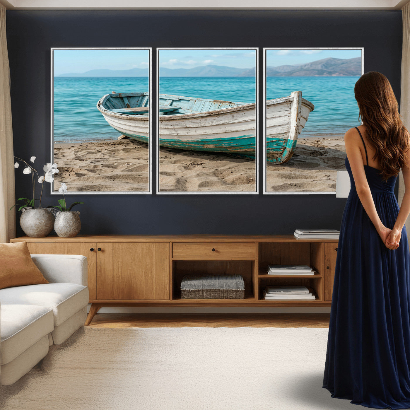 49963709-MGV-CV-36X24 - Coastal Boat Canvas Wall Art Print, Beach Boat Painting, Nautical Ocean Decor, Seascape Wall Art, Ready to Hang