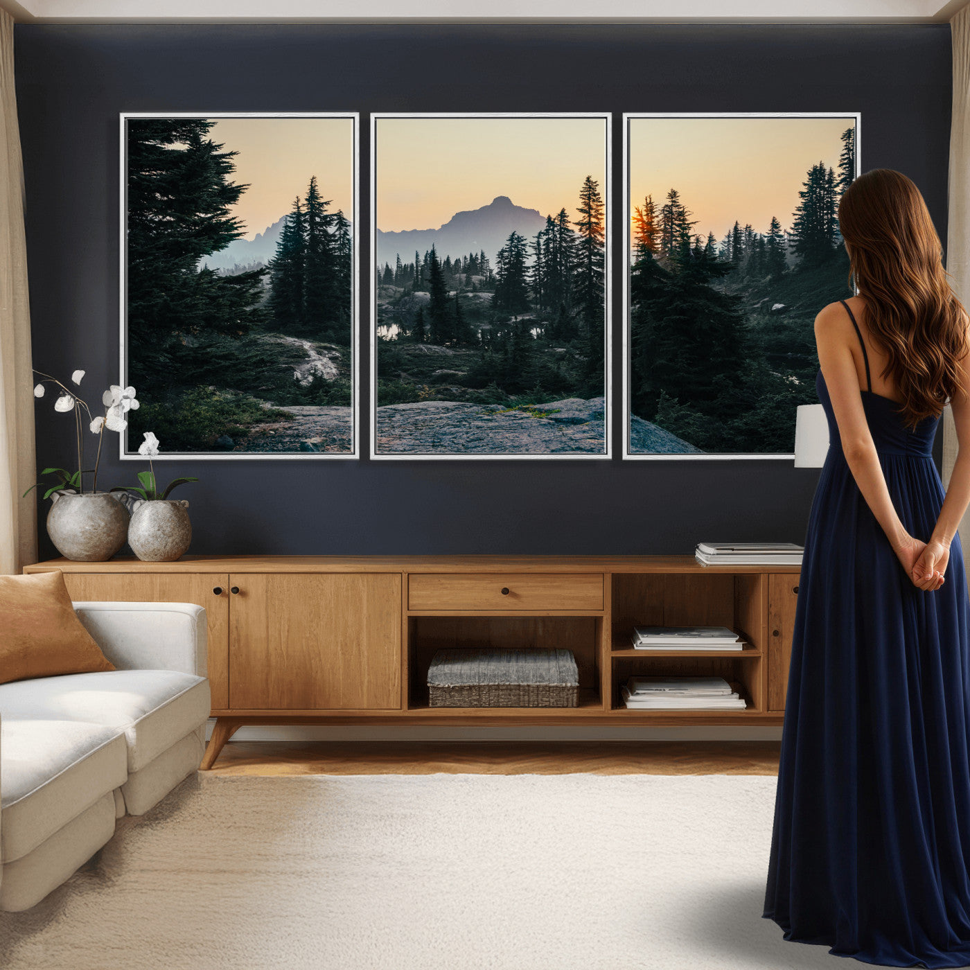 89996020-MGV-CV-36X24 - Mountain Forest Canvas Wall Art Print, Pine Tree Landscape, Sunset Nature Photography, Wilderness Wall Decor, Ready to Hang
