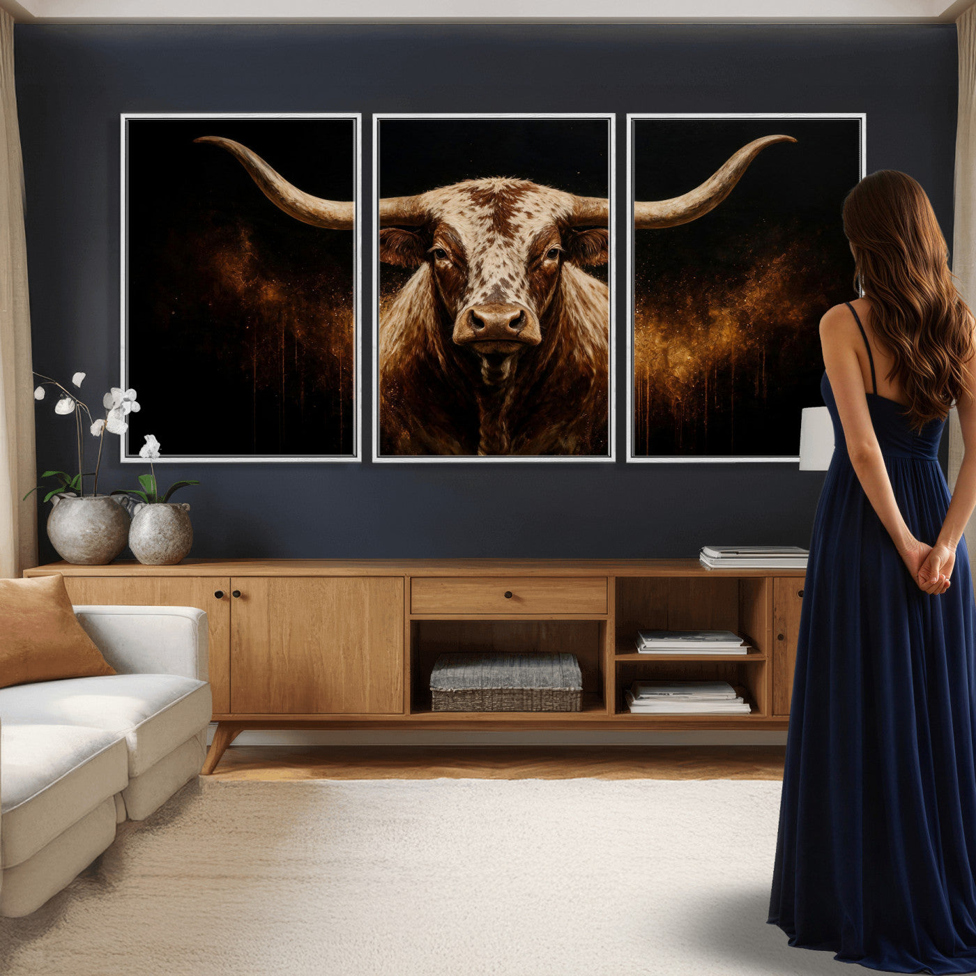 62076449-MGV-CV-48X32-3P - Texas Bull Cow Longhorn Canvas Wall Art Moody Western Bull Oil Painting Print