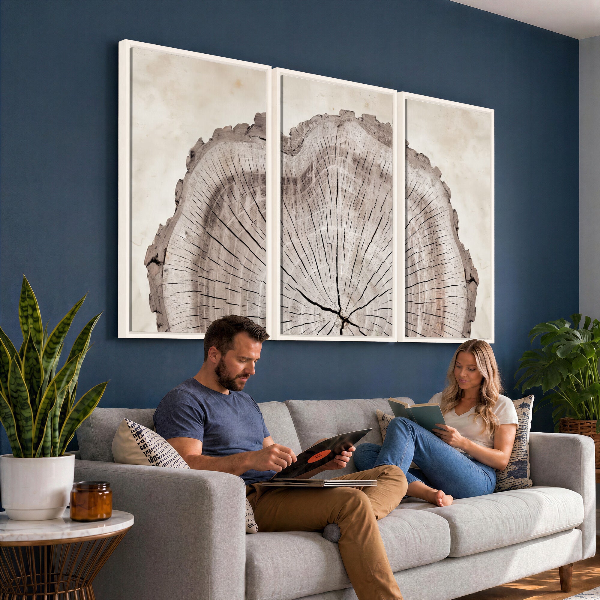 87833480-MGV-CV-60X30-3P - Tree Ring Canvas Wall Art in Neutral Earth Tones, Framed Wood Slice Print for Rustic and Japandi Interiors
