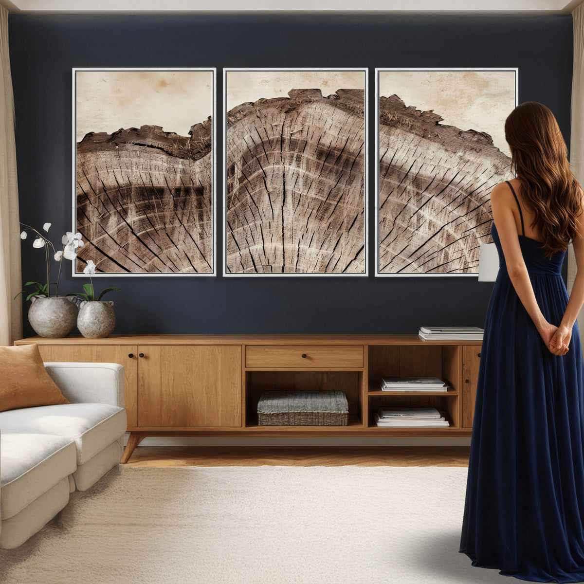 91280382-MGV-CV-60X30-3P - Tree Ring Canvas Wall Art in Neutral Earth Tones, Framed Wood Slice Print for Rustic and Japandi Interiors