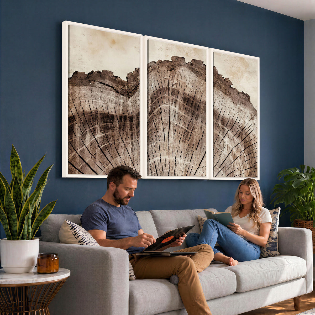 91280382-MGV-CV-60X30-3P - Tree Ring Canvas Wall Art in Neutral Earth Tones, Framed Wood Slice Print for Rustic and Japandi Interiors
