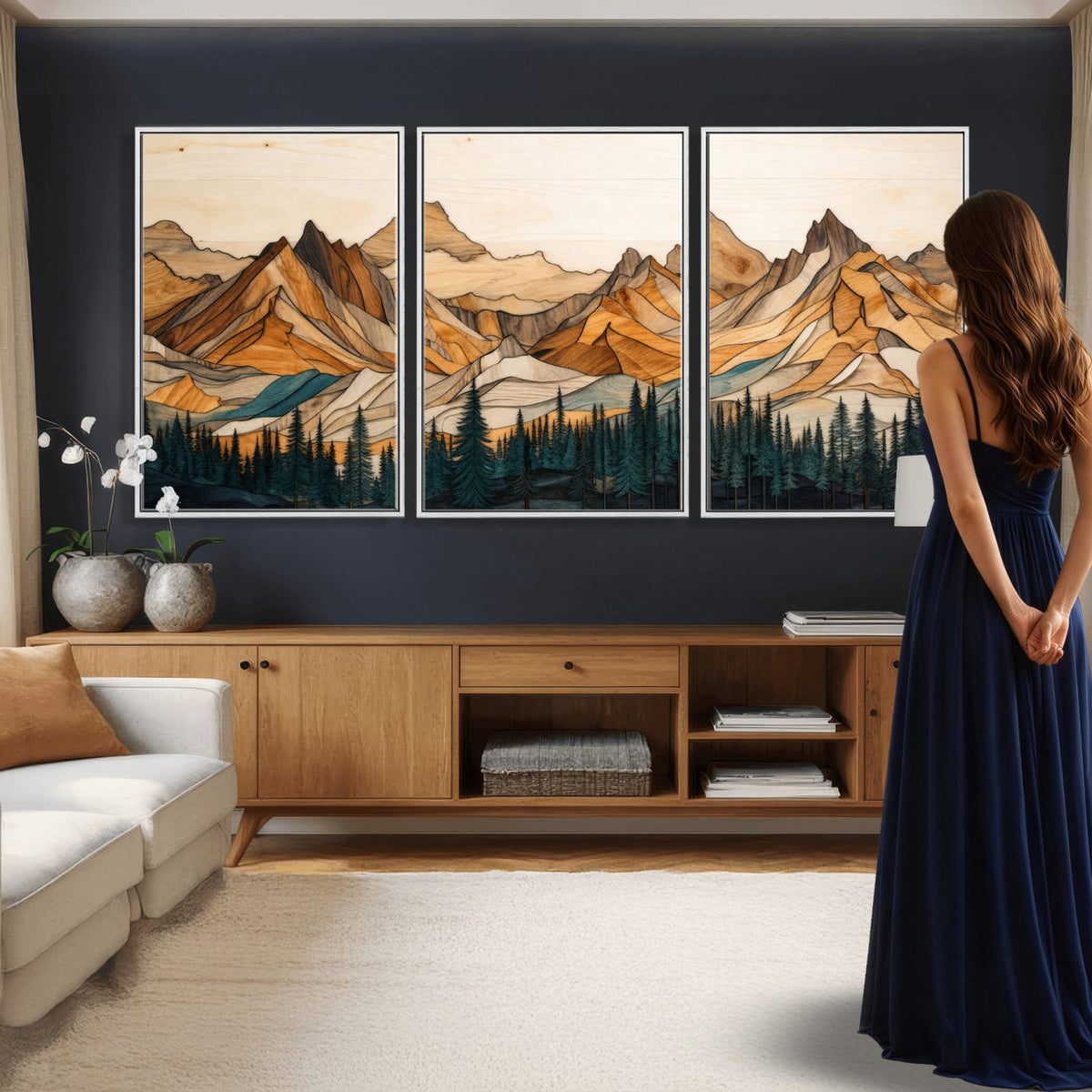 57384313-MGV-CV-60X30-3P - Mountain Landscape Canvas Wall Art with Wood Grain Effect, Golden Peaks and Teal Pine Forest, Framed Cabin Decor