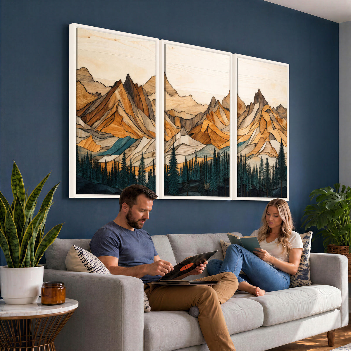 57384313-MGV-CV-48X32-3P - Mountain Landscape Canvas Wall Art with Wood Grain Effect, Golden Peaks and Teal Pine Forest, Framed Cabin Decor