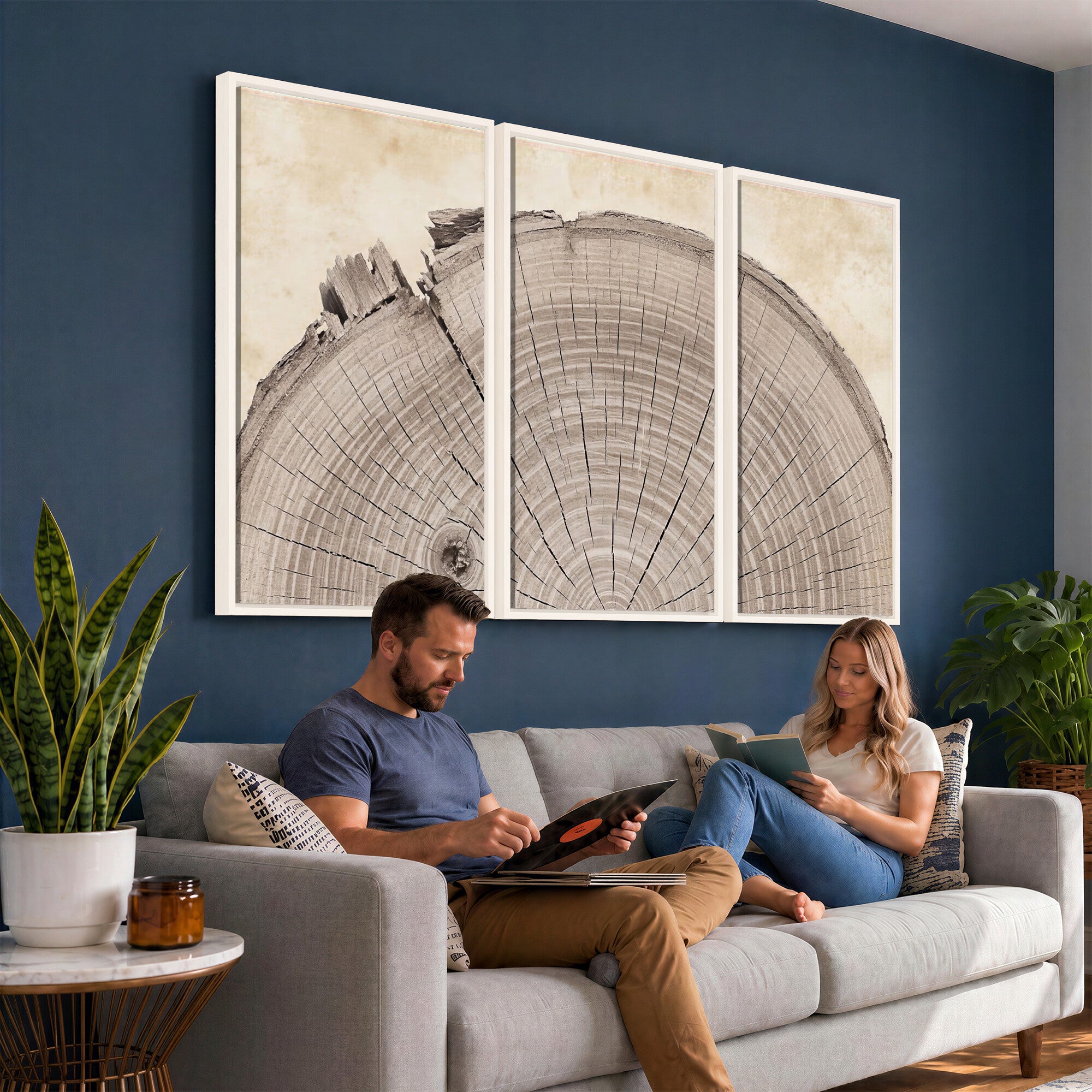 64174838-MGV-CV-60X30-3P - Tree Ring Canvas Wall Art in Neutral Earth Tones, Framed Wood Slice Print for Rustic and Japandi Interiors