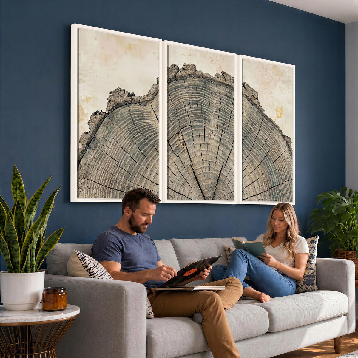 34201080-MGV-CV-60X30-3P - Tree Ring Canvas Wall Art in Neutral Earth Tones, Framed Wood Slice Print for Rustic and Japandi Interiors