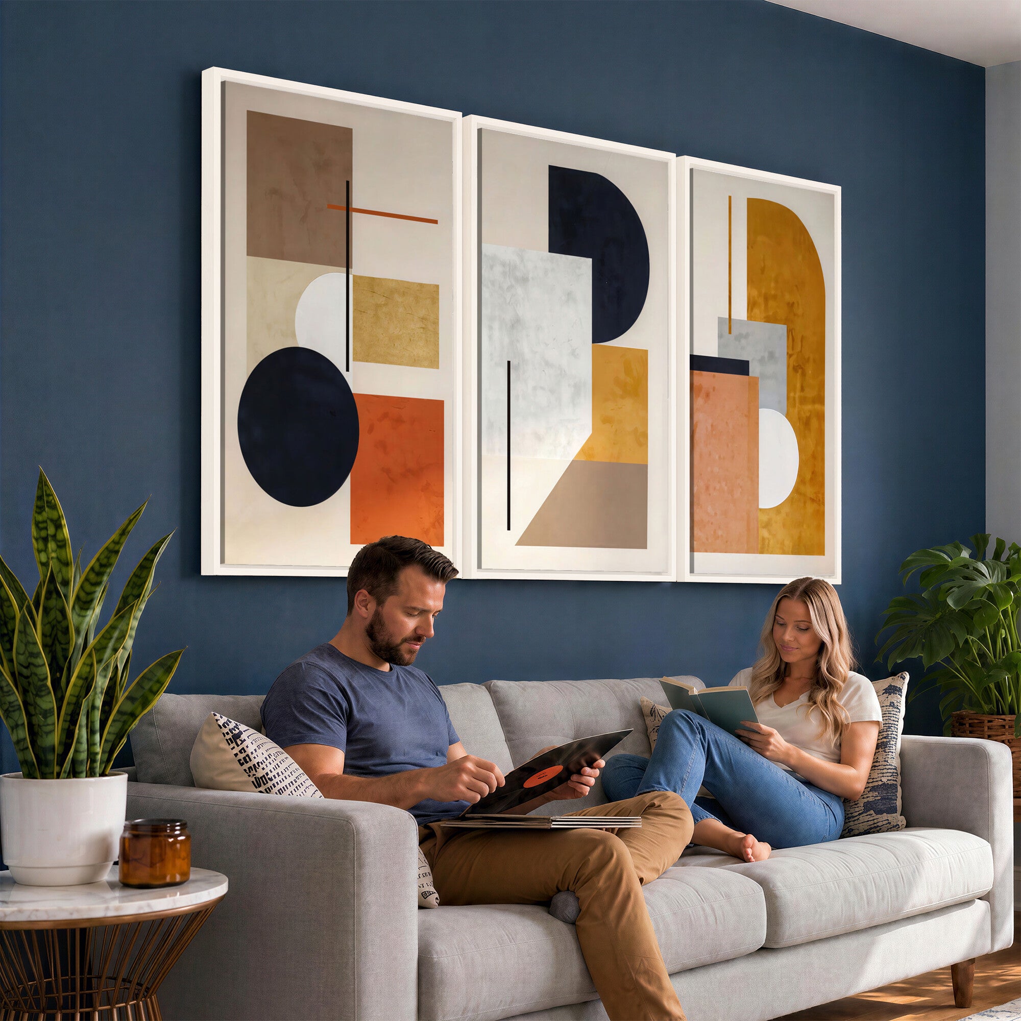 87361249-MGV-CV-48X32-3P - Mid Century Modern Geometric Canvas Wall Art, Abstract Triptych Print