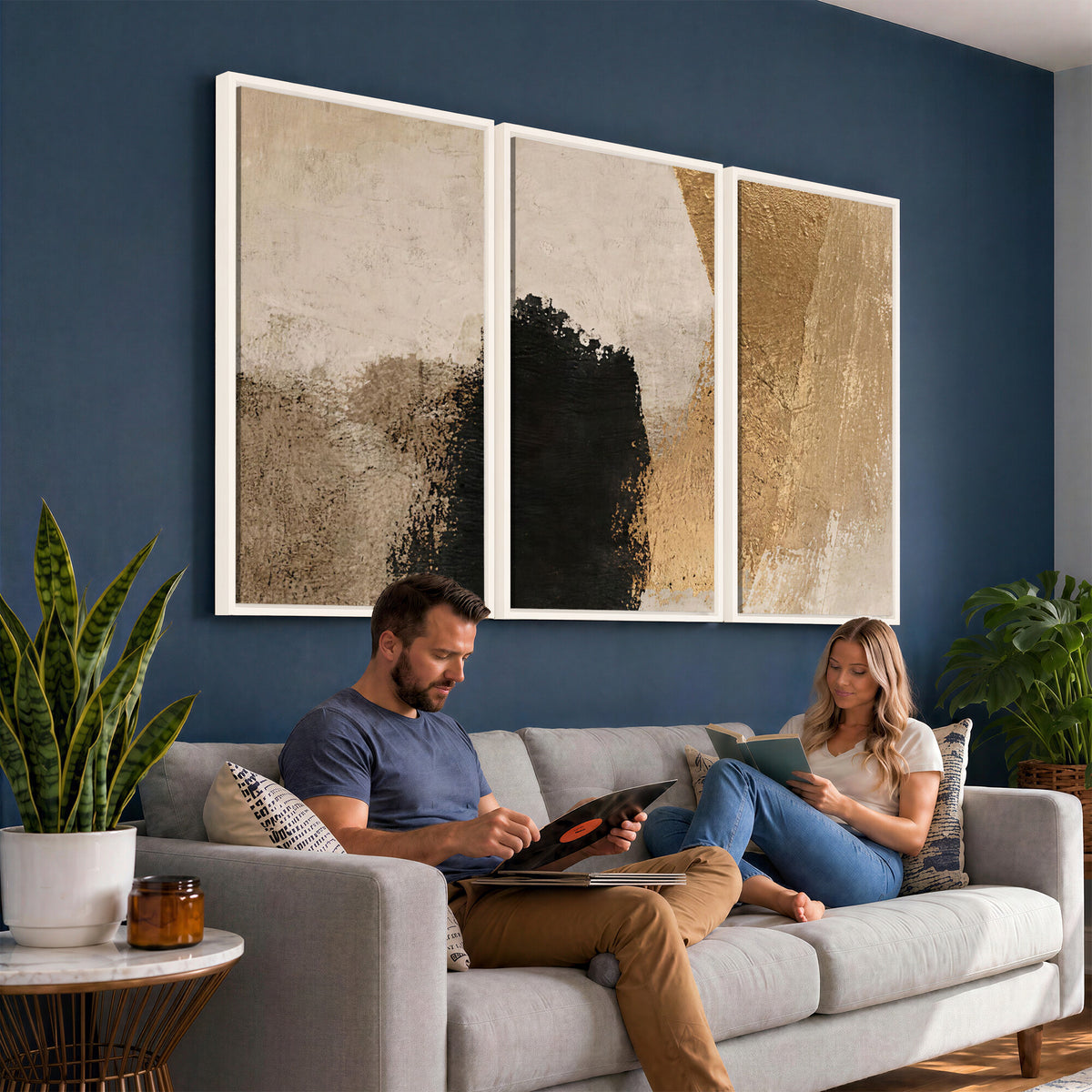 36003778-MGV-CV-48X32-3P - Mid Century Modern Geometric Canvas Wall Art, Abstract Triptych Print