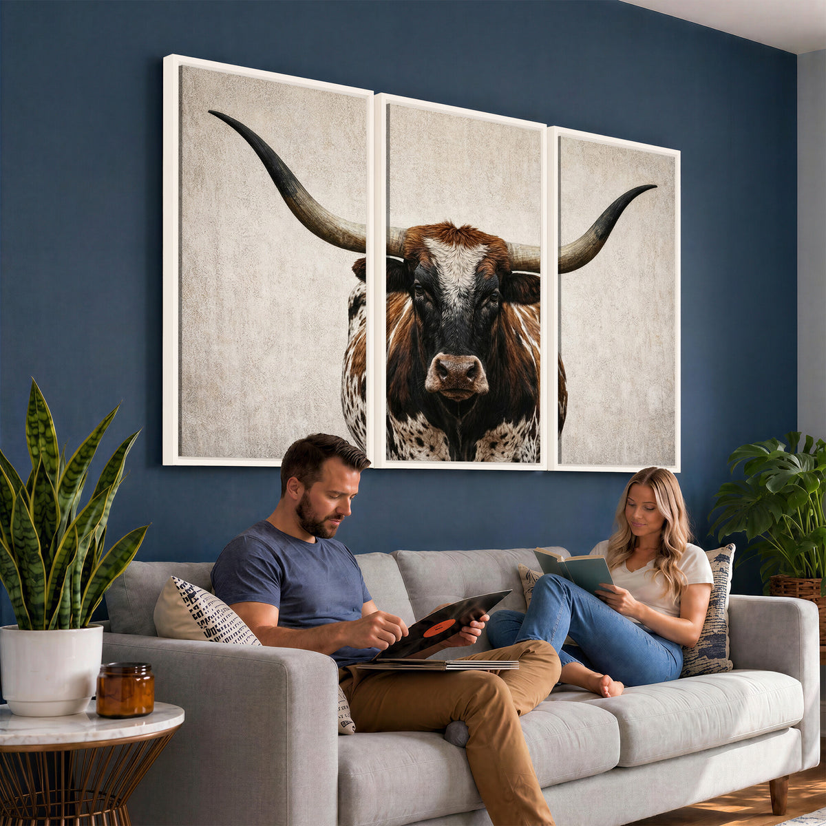 58622065-MGV-CV-36X24 - Texas Longhorn Canvas Wall Art Western Bull Desert Moody Grey Overcast Rustic Farmhouse Framed Large for Living Room Bedroom Office Decor