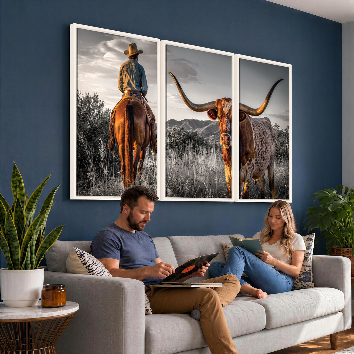 17066920-MGV-CV-60X30-3P - Extra Large Cowboy and Longhorn Wall Art Canvas Print