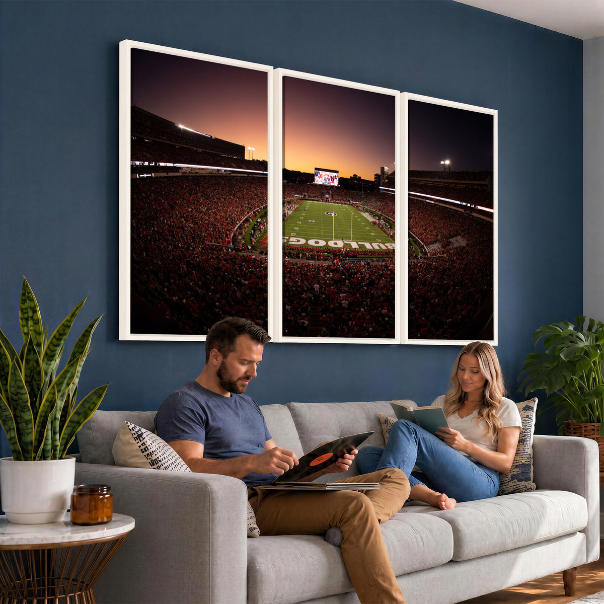 97720998-_Poster-30x20 - Georgia Bulldogs Stadium Sunset Canvas Print 3 Piece Framed Wall Art Extra Large Floating Frame Sports Poster Made in USA