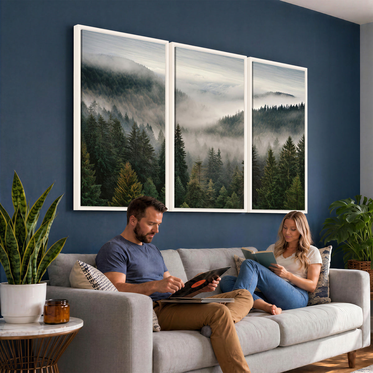 38409495-_Poster-30x20 - Misty Pine Valley Mountain Canvas Print 3 Piece Framed Wall Art Extra Large Floating Frame Nature Poster Made in USA