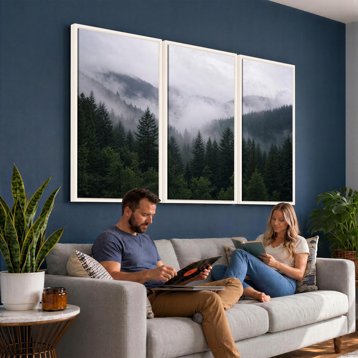 25432119-_Poster-30x20 - Misty Mountain Pine Forest Canvas Print 3 Piece Framed Wall Art Extra Large Floating Frame Nature Poster Made in USA