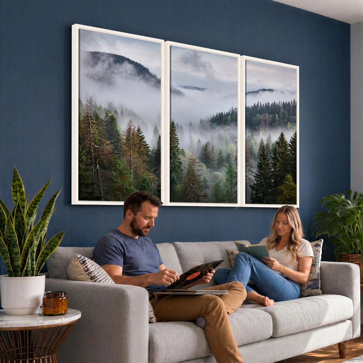 18735847-_Poster-30x20 - Foggy Pine Forest Mountain Canvas Print 3 Piece Framed Wall Art Extra Large Floating Frame Nature Poster Made in USA