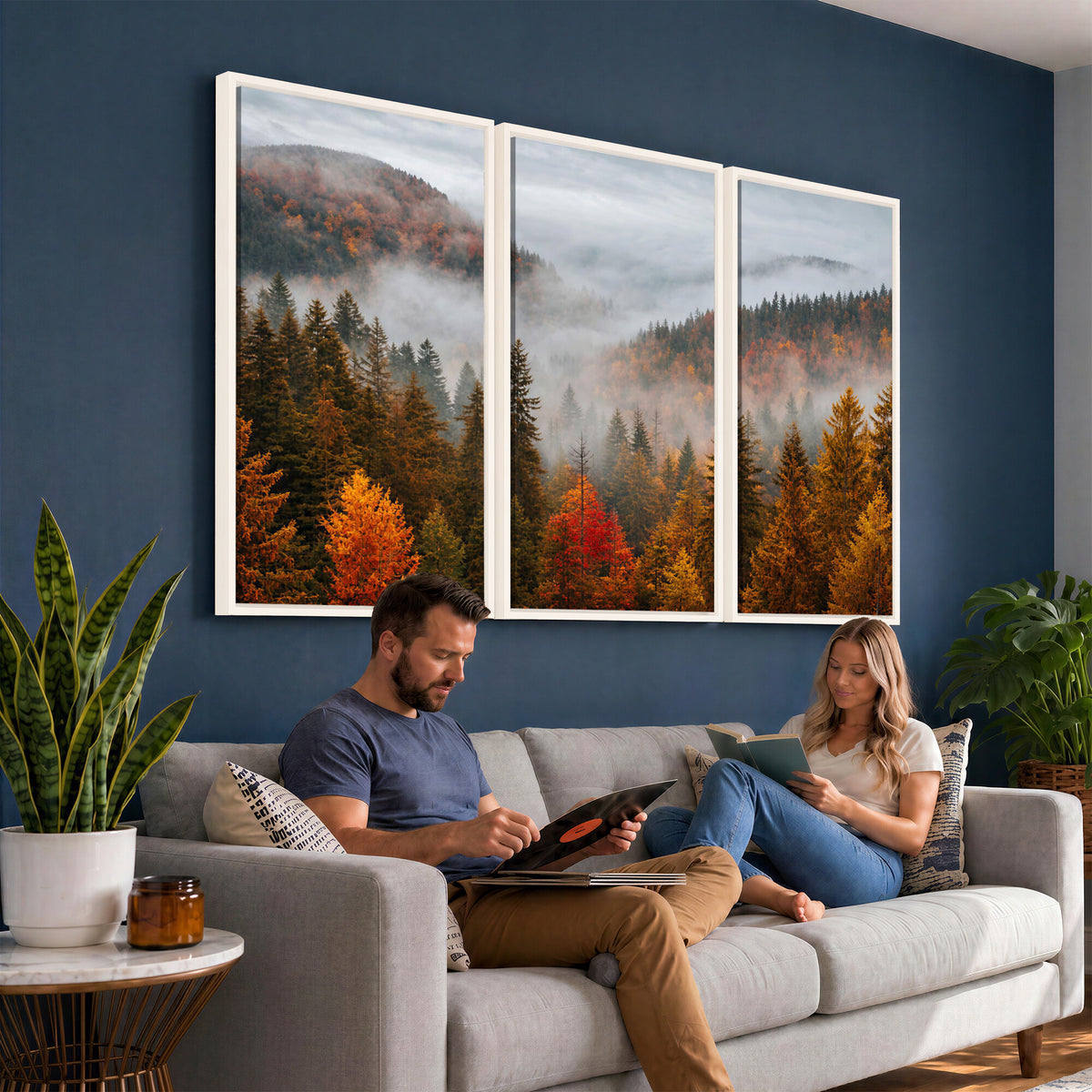 87481341-_Poster-30x20 - Foggy Autumn Mountain Canvas Print Smoky Pine Forest Wall Art Panoramic Nature Poster 3 Piece Made in USA