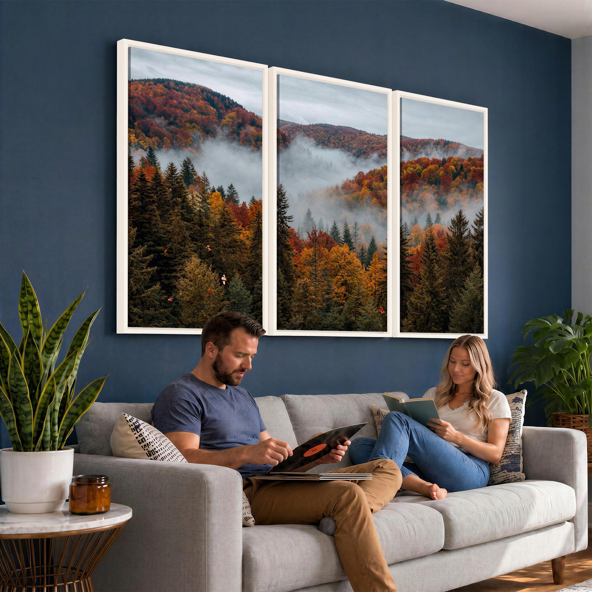 26686263-_Poster-30x20 - Misty Autumn Forest Mountain Canvas Print 3 Panel Wall Art Gallery Wrapped Floating Frame Poster Made in USA
