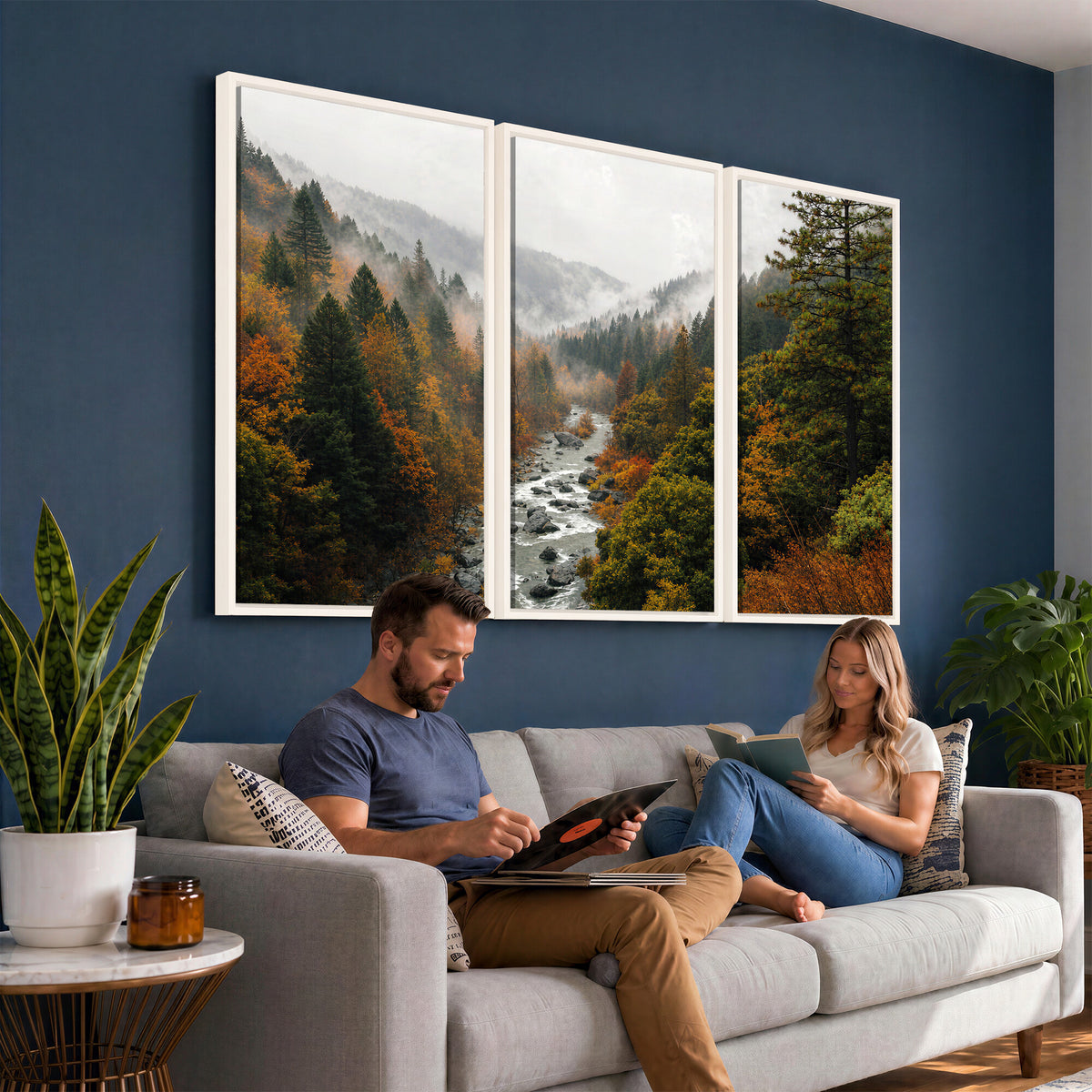 95540697-MGV-TP-30X20 - Misty River Mountain Valley Canvas Wall Art - Autumn Forest Landscape Nature Print