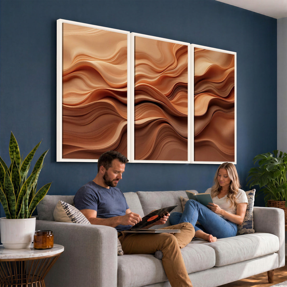 82230697-_Poster-30x20 - Modern Abstract Fluid Waves Canvas Wall Art - Minimalist Warm Terracotta Beige Sand Print