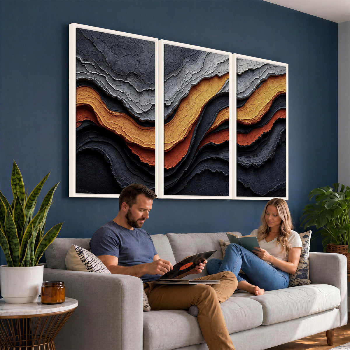 59852489-MGV-CV-36X24 - Abstract Waves Canvas Wall Art - Modern Terracotta and Charcoal Gray Print