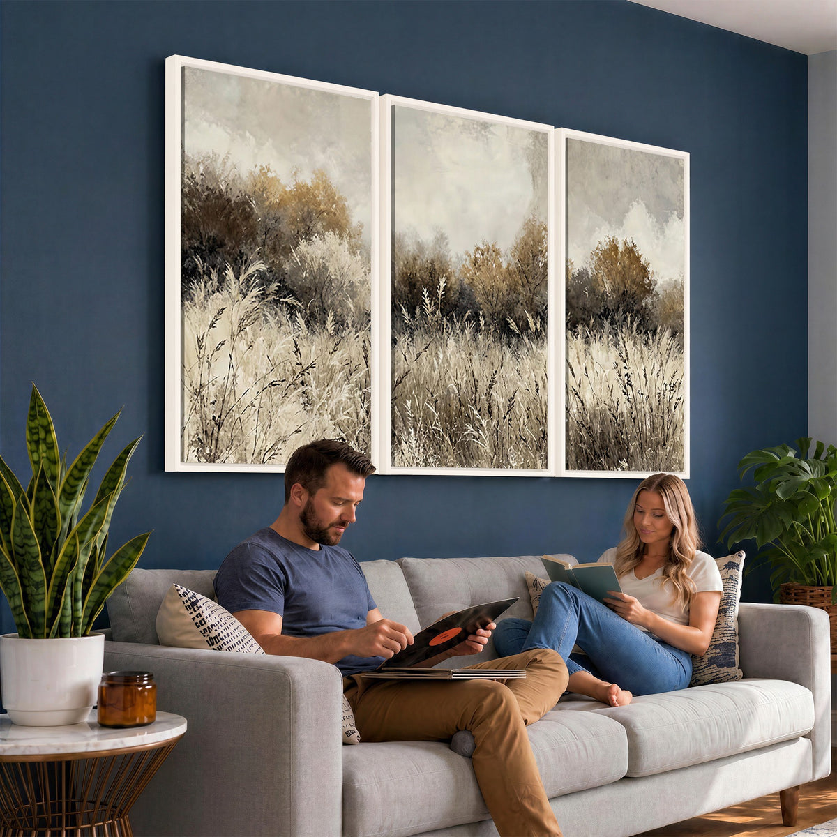 53959945-_Poster-30x20 - Muted Neutral Forest Landscape Canvas Wall Art - Vintage Rustic Wildflower Meadow Print