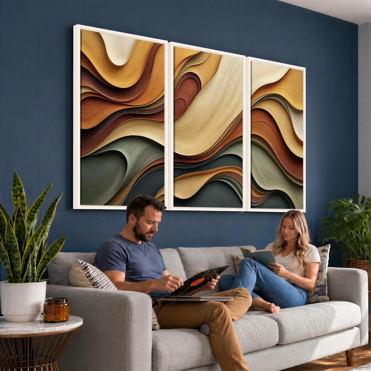 19337902-_Poster-30x20 - Modern Abstract Waves Canvas Wall Art - Minimalist Earthy Tone Living Room Decor