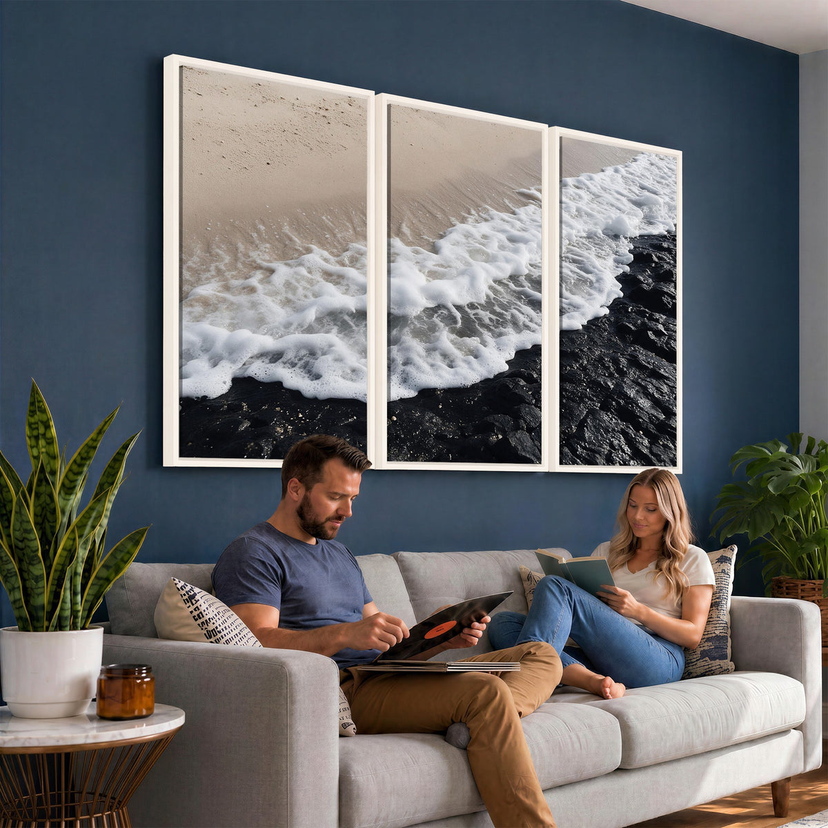 27448606-MGV-CV-24X16 - Ocean Wave Foam on Black Lava Rock Beach Canvas Wall Art Print