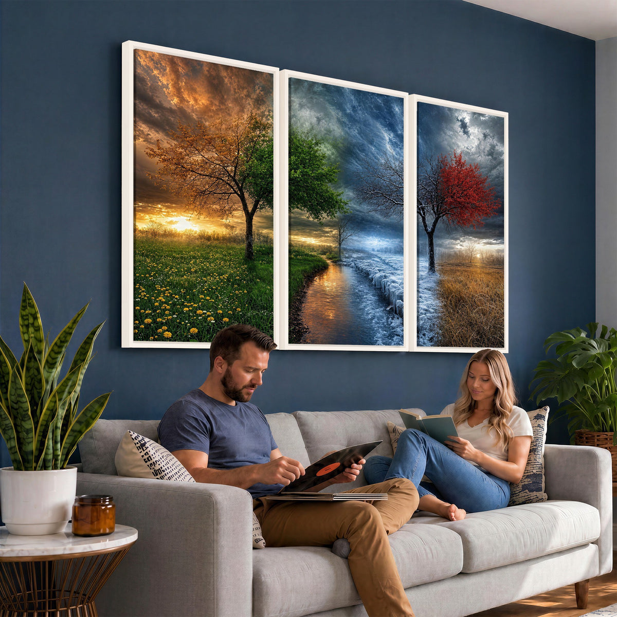 61895574-MGV-CV-24X16 - Four Seasons Tree Canvas Wall Art, Nature Landscape Canvas Print for Living Room