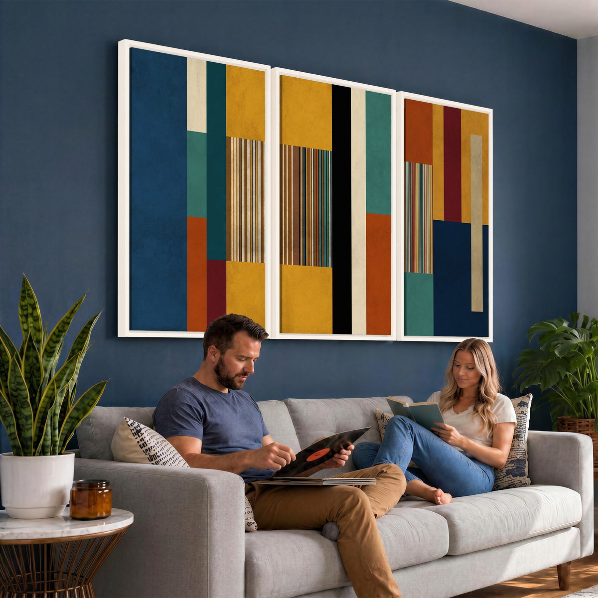 53992657-MGV-CV-48X32-3P - Mid Century Abstract Color Block Canvas Wall Art, Geometric Striped Canvas Print
