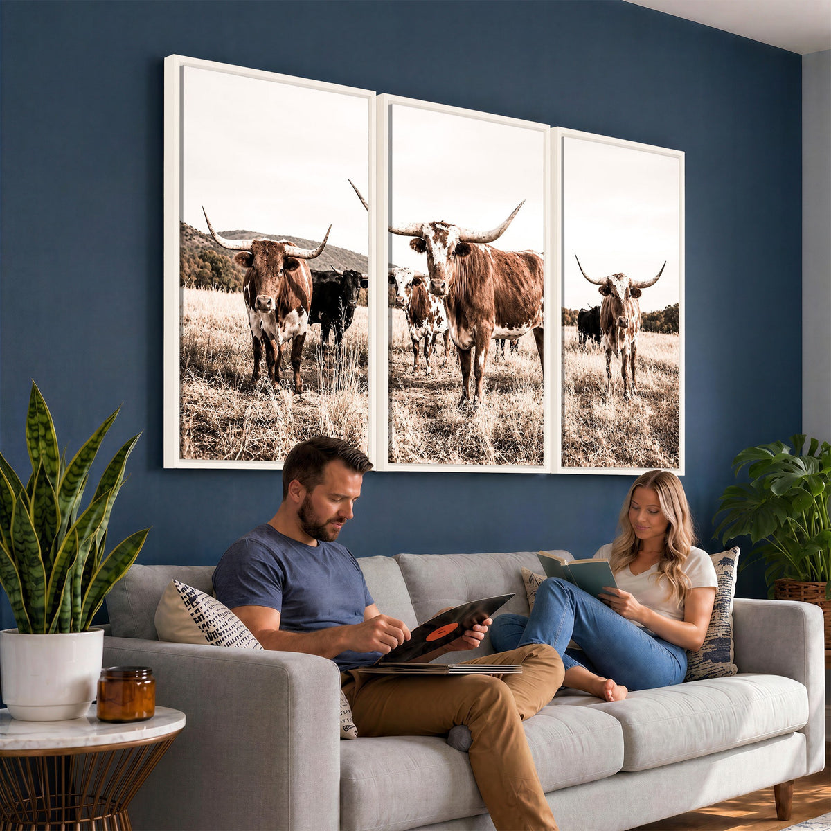 25234808-MGV-CV-48X32-3P - Texas Longhorn Cattle Canvas Wall Art, Western Ranch Home Decor