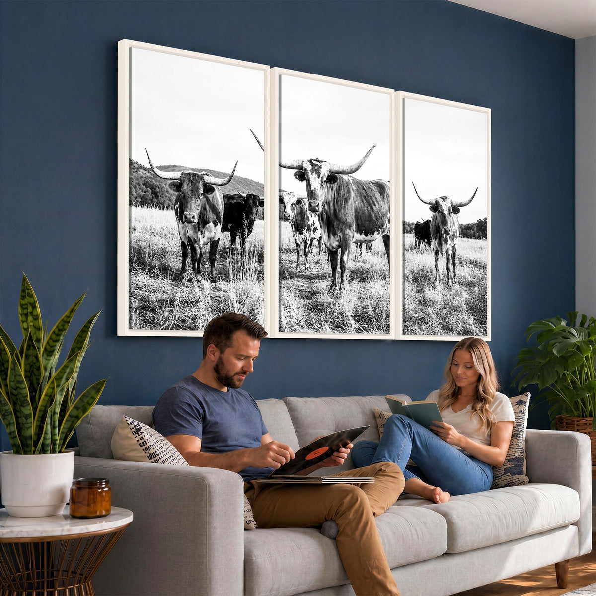 73228277-MGV-CV-48X32-3P - Black and White Longhorn Cattle Canvas Print, Western Ranch Wall Decor