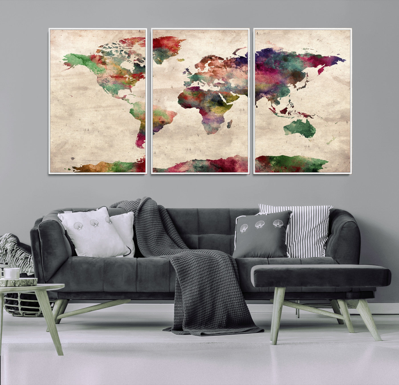 69476-MGV-CV-36X24-Watercolor World Map Canvas Print – Framed Push Pin Wall Art for Couples, Colorful Travel Map Artwork for Elegant Home and Office Decor