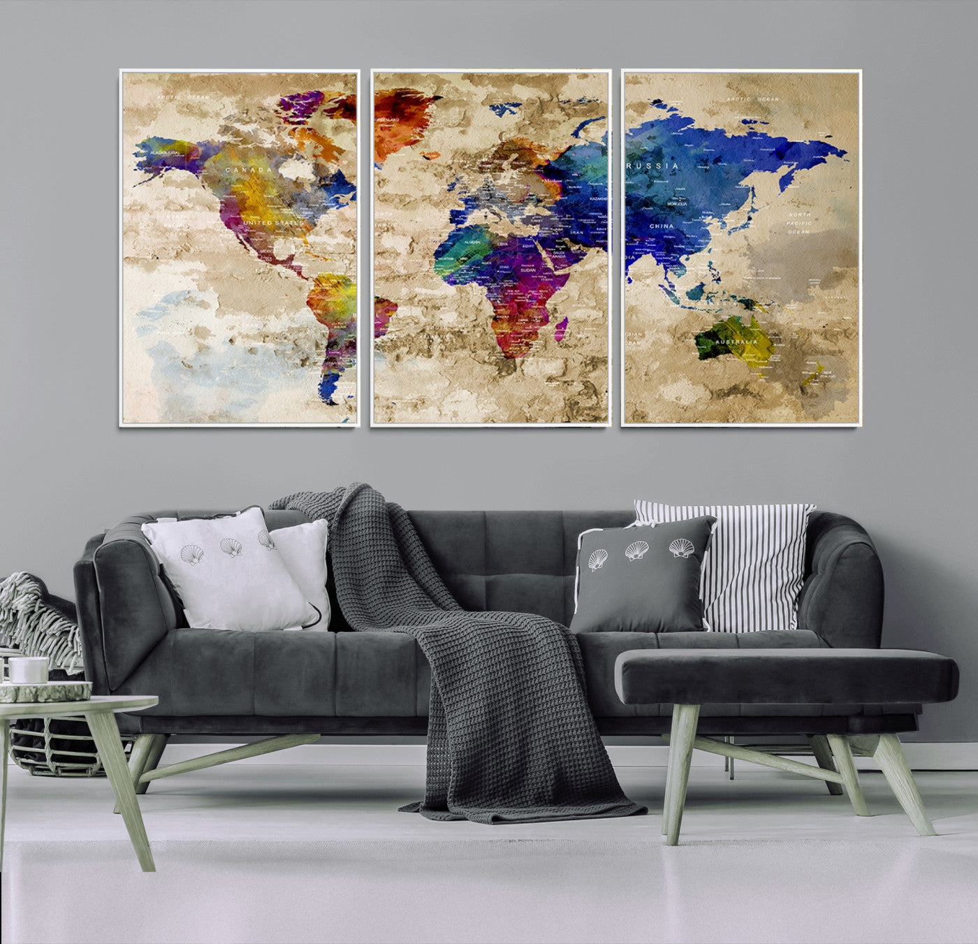 92939-MGV-CV-36X24-Colorful World Map Canvas Wall Art – Abstract Watercolor Map Print, Modern Travel Decor for Home Office or Study