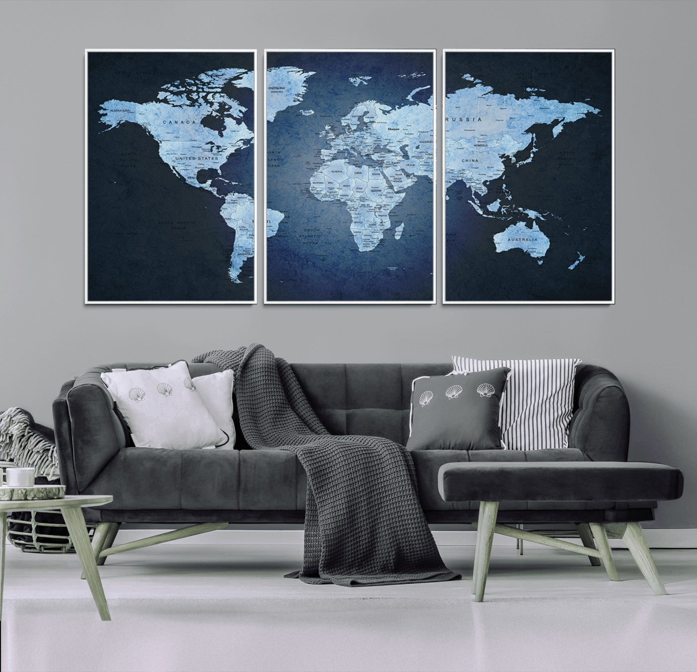 26249-MGV-CV-36X24-Blue World Map Canvas Wall Art – Framed Modern Push Pin Travel Map for Home and Office Decor, Elegant Navy Global Wall Artwork for Travelers
