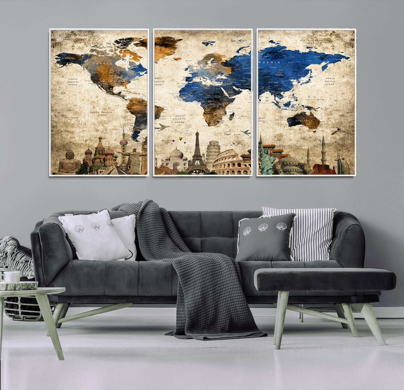 20261-MGV-CV-36X24-World Map Canvas Print – Vintage Blue and Gold World Map Wall Art, Framed Travel Inspired Decor for Living Room or Office