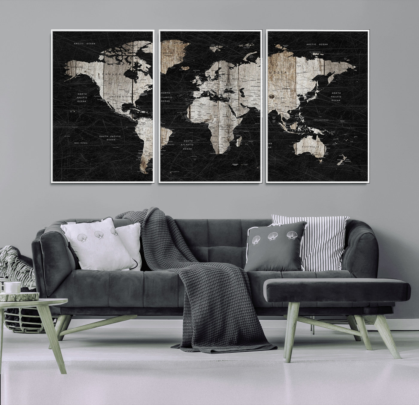 89998-MGV-CV-36X24-Rustic Black and Wood World Map Canvas Wall Art – Framed Push Pin Travel Map for Home and Office Decor, Modern Vintage Wall Artwork
