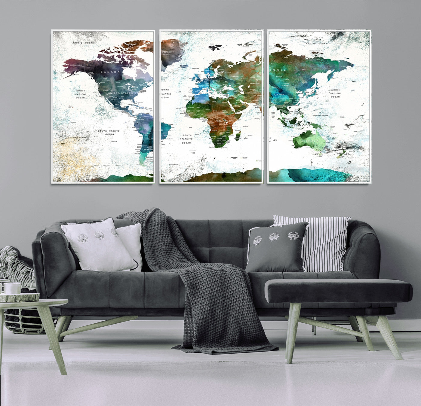 13140-MGV-CV-36X24-Modern Watercolor World Map Canvas Wall Art – Framed Abstract Map Print, Contemporary Travel Artwork for Elegant Home and Office Decor