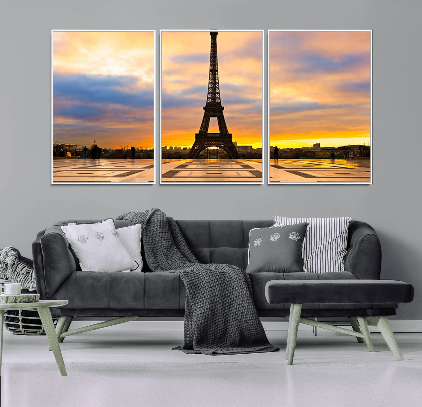 MGV-FC-60X30-3P - Paris Eiffel Tower Sunset Canvas Wall Art Print - Iconic Landmark Decor with Vibrant Colors