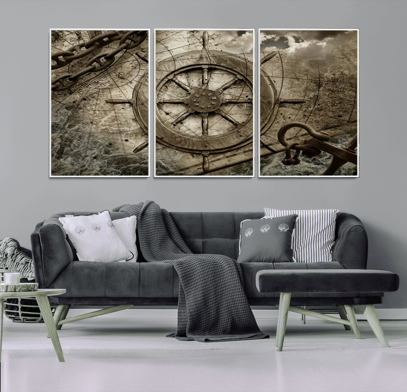 98180-MGV-FC-60X30-3P_White-Wooden Ship Wheel Canvas Print, Multi Panel Canvas Wall Art Print