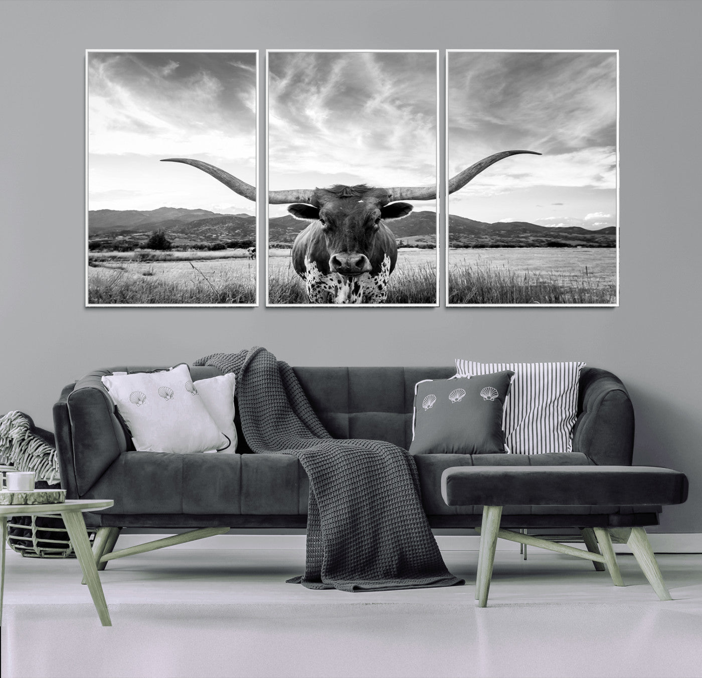 MGV-FC-60X30-3P - Longhorn Cow Wall Art Canvas Print Farmhouse Wall Art - Texas Longhorn Wall Art Print