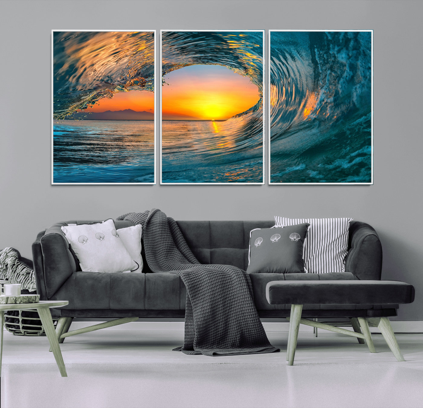 84279-MGV-FC-60X30-3P_White-Ocean Wave Sunset Wall Art | Large Coastal Wave Canvas Print | 3-Panel Ocean Sunset Seascape for