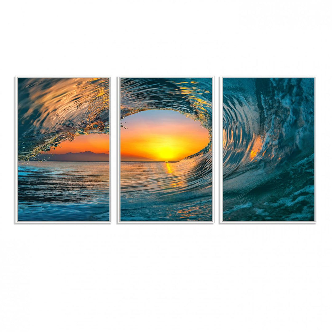 The Ocean Wave Sunset Wall Art canvas print features a vibrant ocean wave at sunset, forming a tunnel with silhouetted mountains.