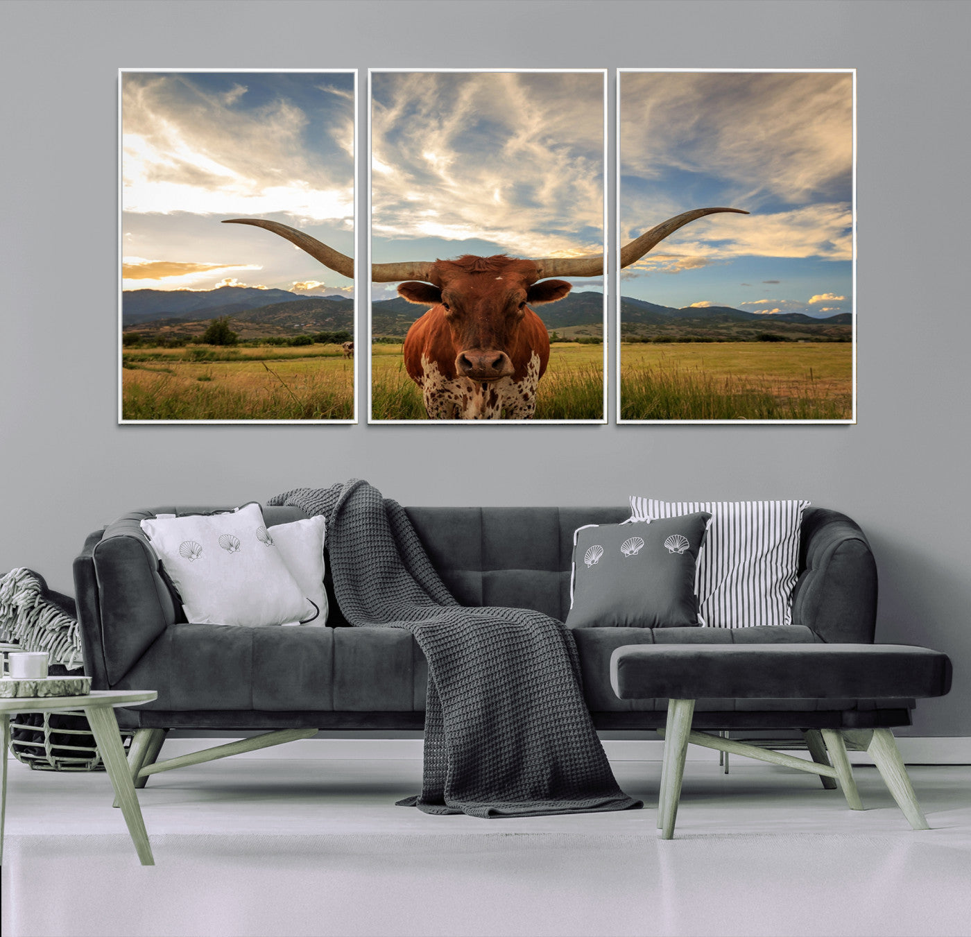 55416-MGV-FC-60X30-3P_White-Texas Longhorn Canvas Wall Art – Majestic Triptych Animal Print – Rustic Western Decor for Living