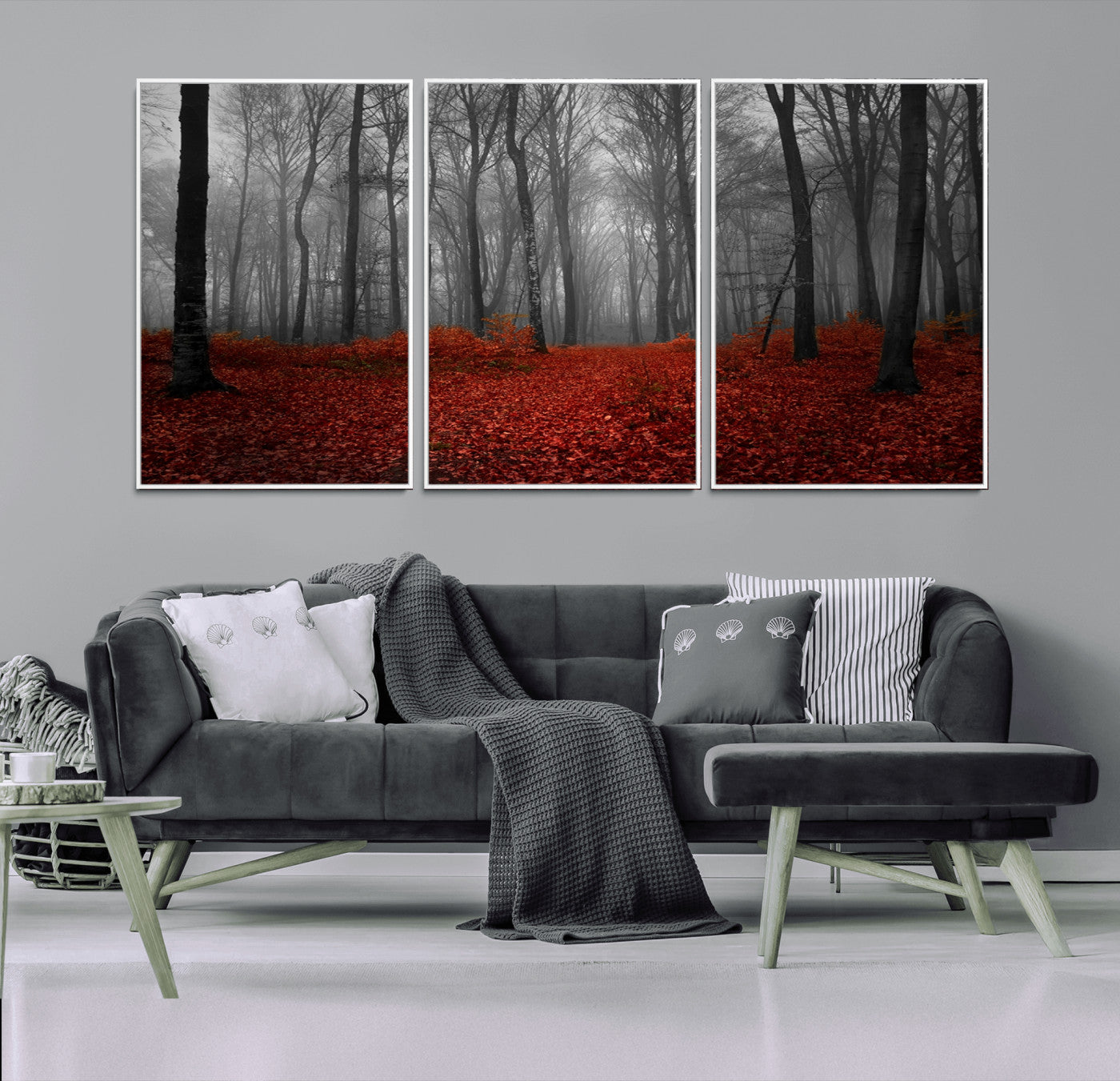38804-MGV-CV-36X24-Red Forest Floor Canvas Wall Art – Mystical Foggy Woodland Triptych – Nature-Inspired Decor for